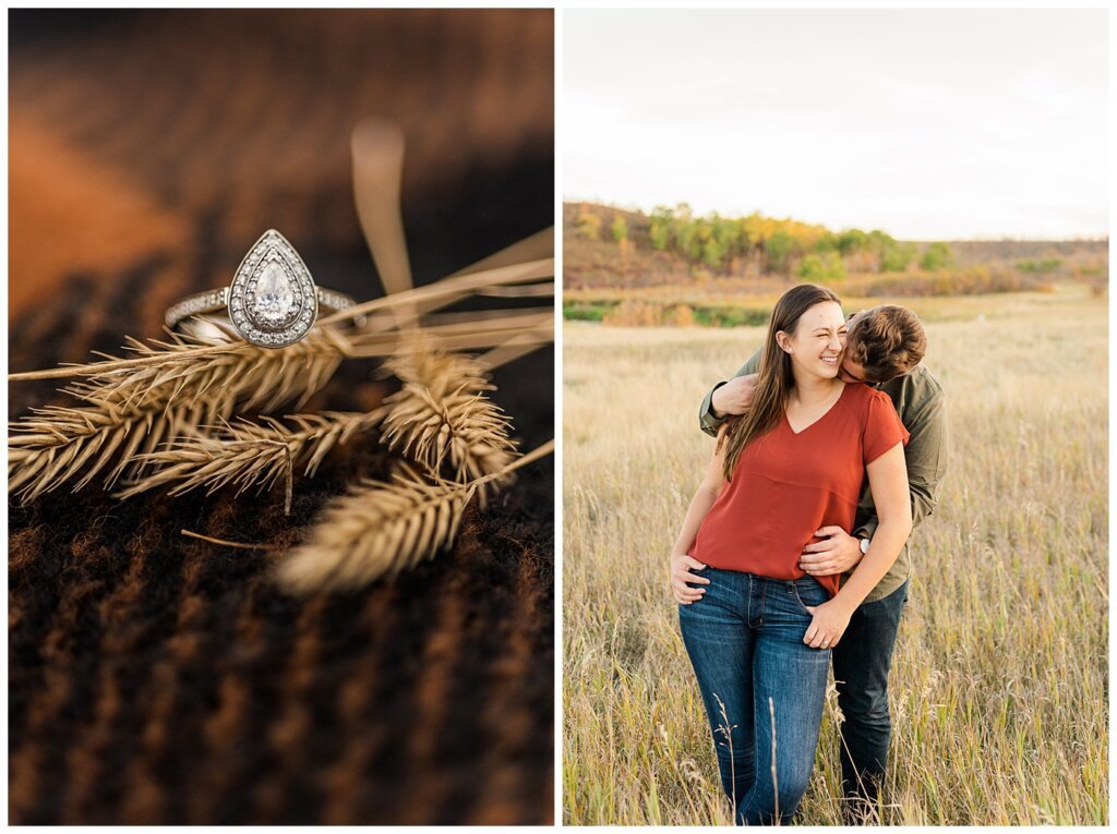 Tris & Jana - Engagement Session - Wascana Trails - 04 - Engagerment ring and man kissing girl's neck