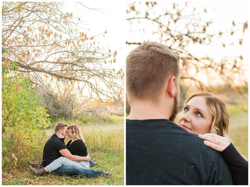 Tyrel & Allison - Regina Anniversary Session - Douglas Park Hill - 03 - Wife sitting on husband and staring into eyes