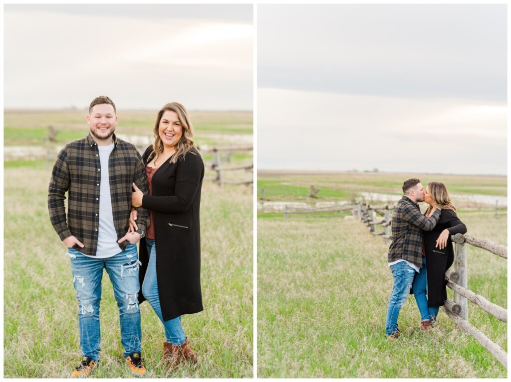 Katherine learning against farm fence as Declan kisses her