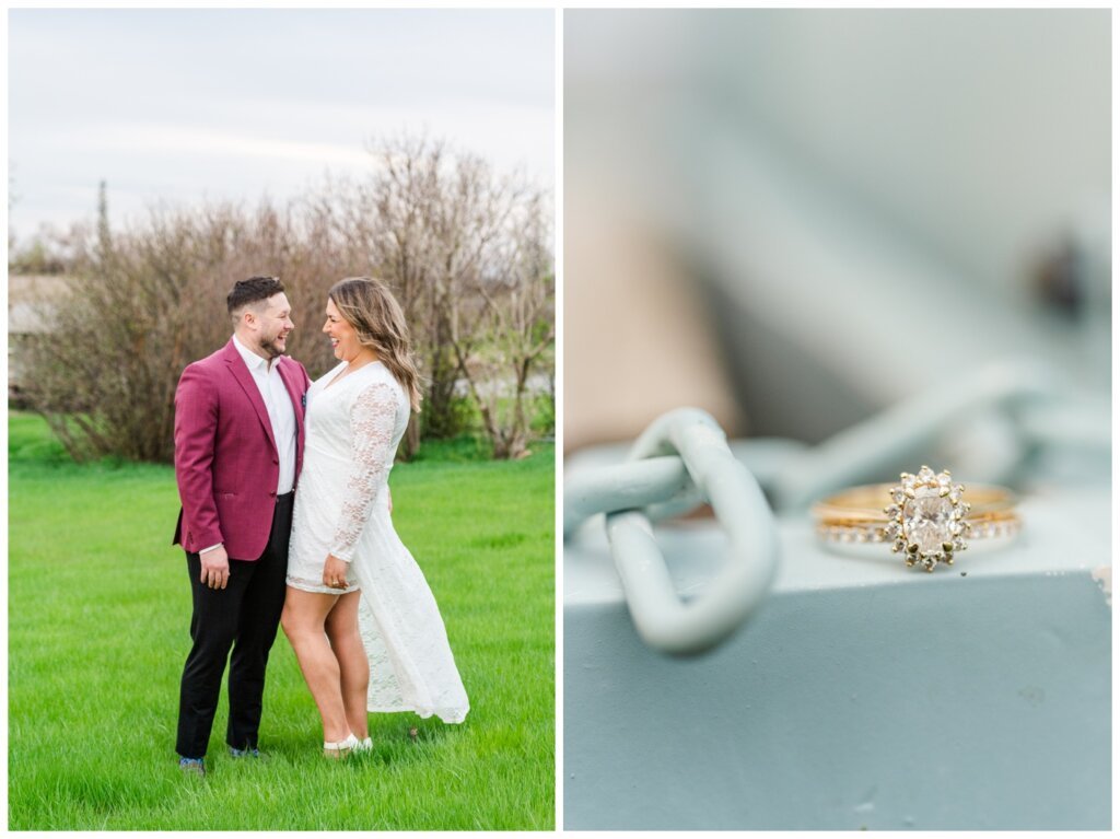 Declan and Kat in formal attire at their engagement session with the ring from Victoria Jewellers