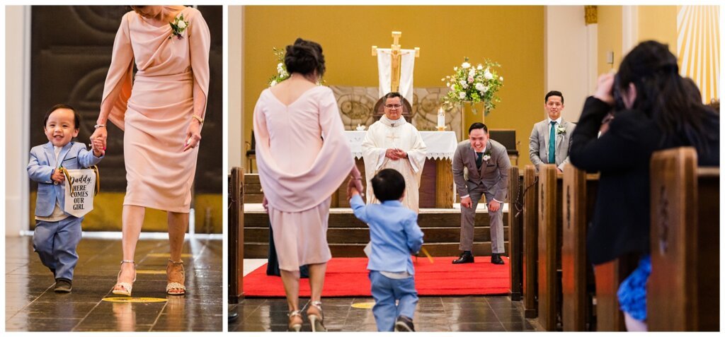 Sam & Benton - Holy Rosary Cathedral - 11 - Ringbearer walks in with sign