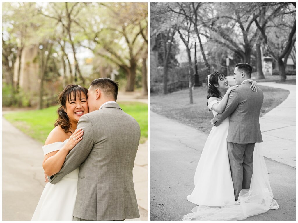 Sam & Benton - Wascana Park - 33 - Groom whispers in the brides ear