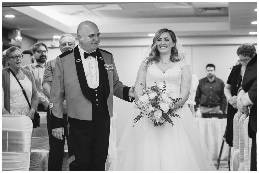 Trevor & Kim - The Atlas Hotel - 14 - Bride is escorted in by her father in his Canadian Army uniform