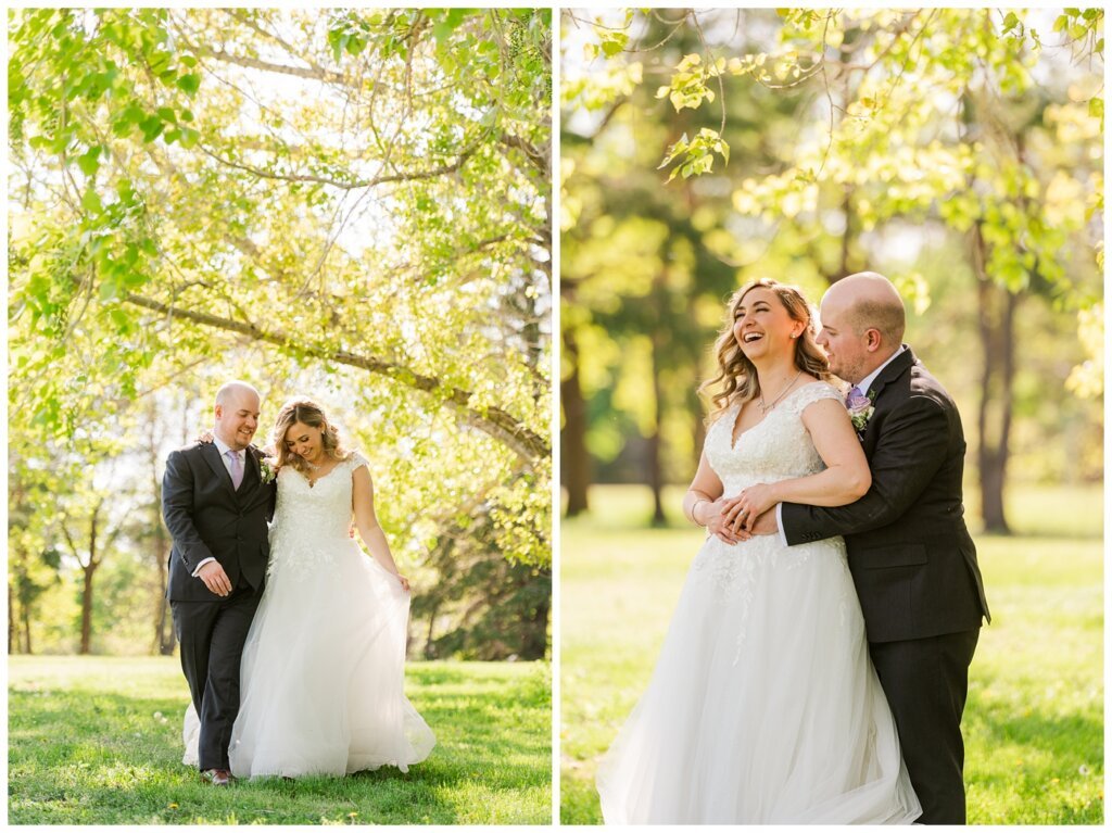 Trevor & Kim Wedding - 29 - Wascana Park - Couple walking and laughing together