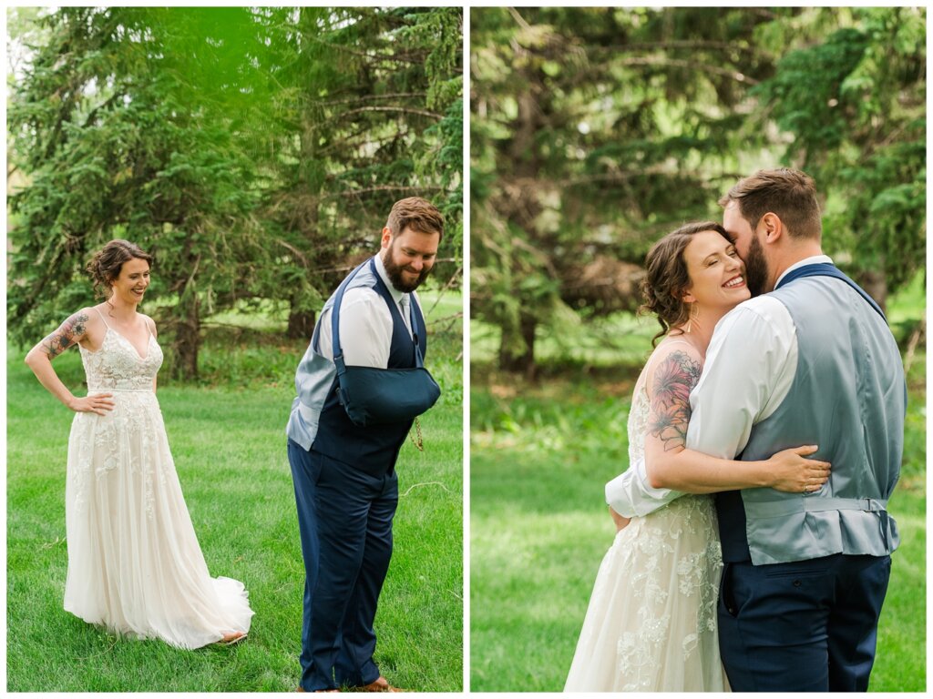 Mitch & Val - 14 - Regina Wedding - Bride checks out her groom