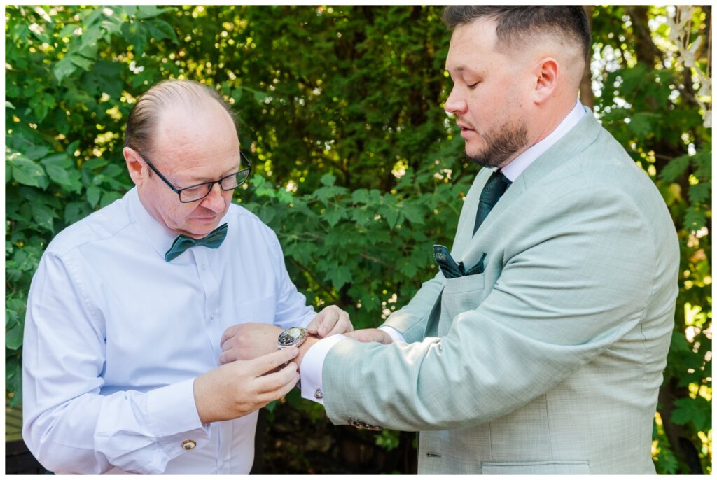 Declan & Katherine - 04 - Regina Wedding - Dad helps adjust silver watch