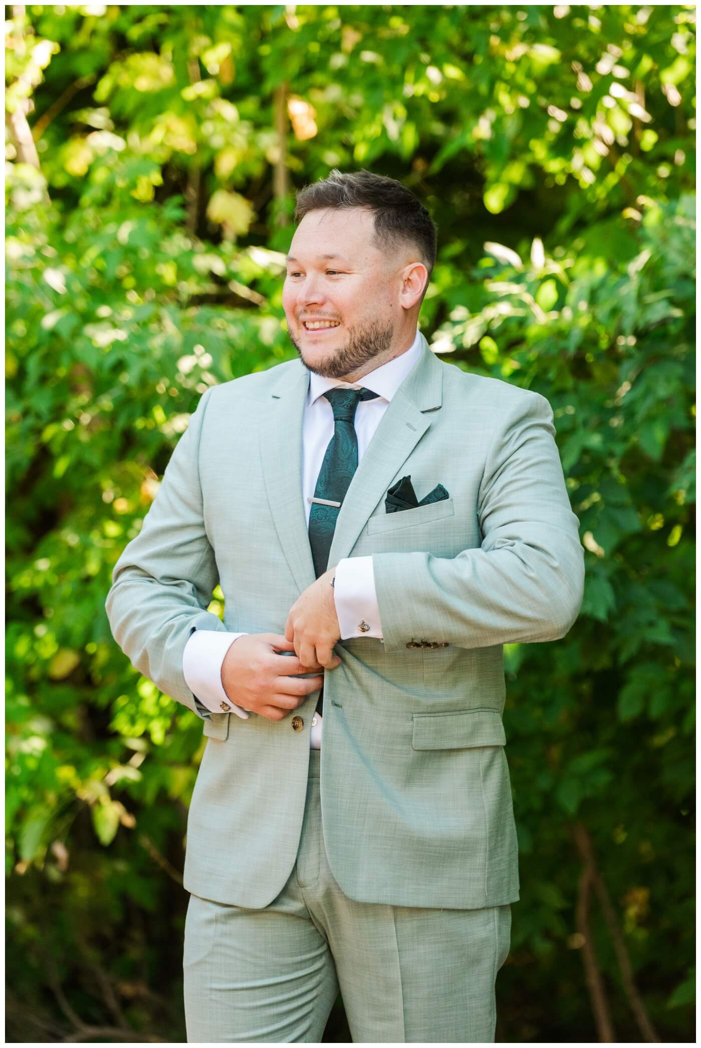 Declan & Katherine - 06 - Regina Wedding - Groom in his mint green RW&Co suit