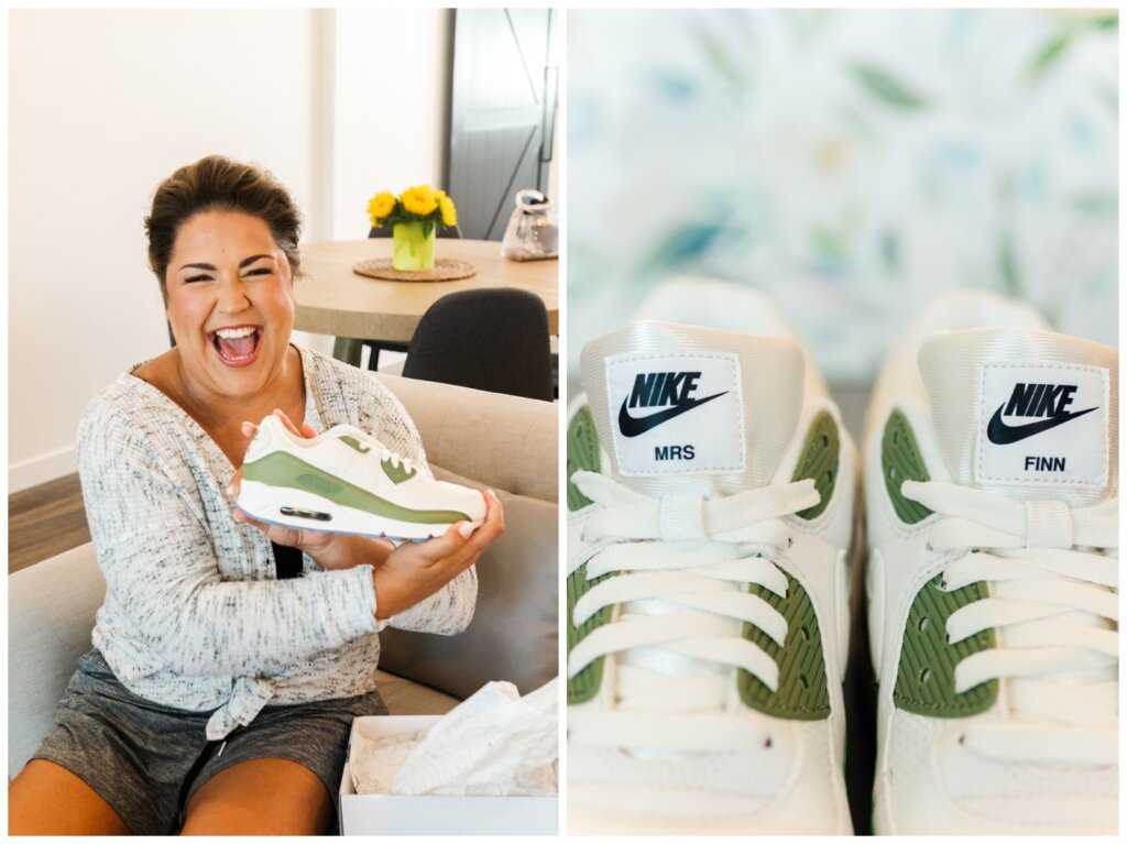 Declan & Katherine - 11 - Regina Wedding - Bride opens her custom Nike Air Max 1 sneakers