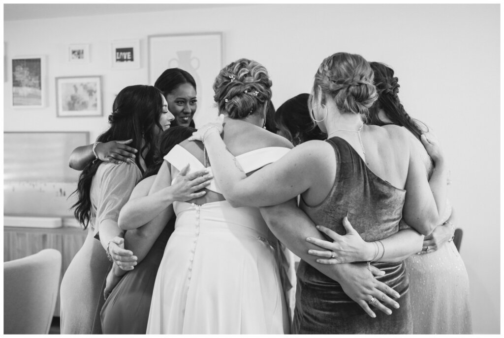 Declan & Katherine - 15 - Regina Wedding - Bridesmaids in a big group hug