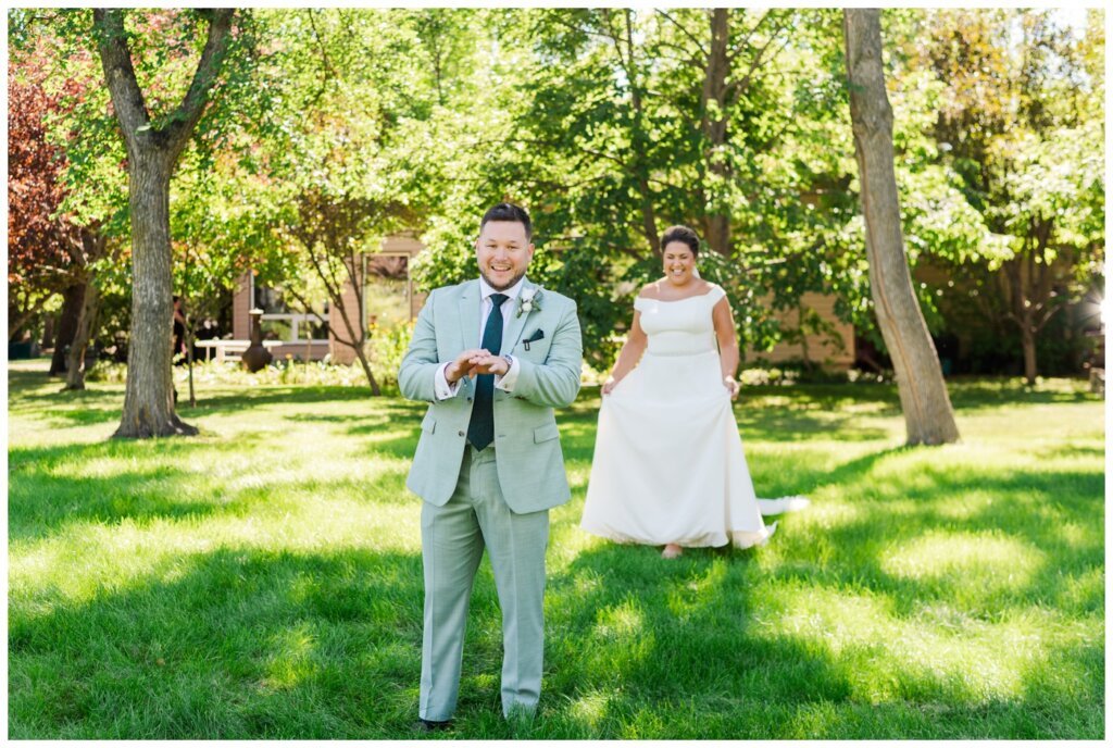 Declan & Katherine - 17 - Regina Wedding - Groom hears his bride approaching