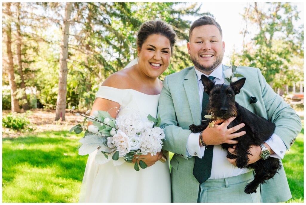 Declan & Katherine - 26 - Regina Wedding - Bride & groom with their Scottish Terrier