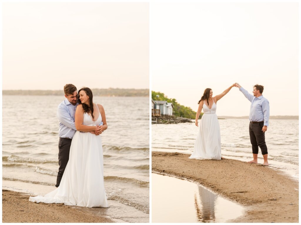 Tris & Jana - 03 - Regina Encore Session - Bride & Groom stand in the waves
