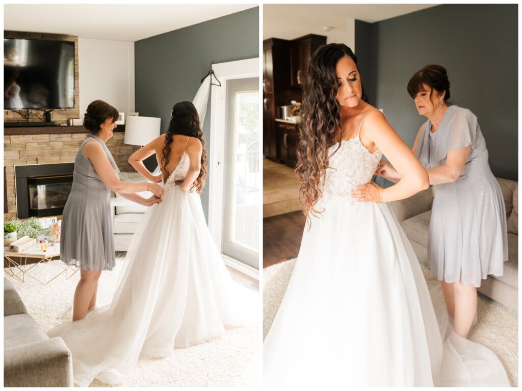 Adam & Caitlin - 11 - Regina Wedding - Bride's mother helps with gown