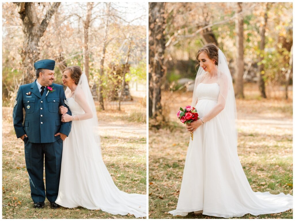 Shawn Jennifer - 14 - Moose Jaw Wedding Bride sits on a bench with her husband in his Canadian Air Force uniform