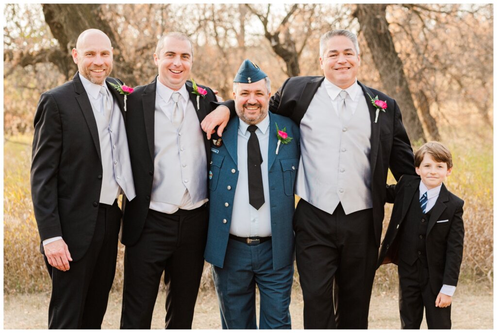 Shawn Jennifer - 22 - Moose Jaw Wedding Groom poses with his groomsmen and ring bearer