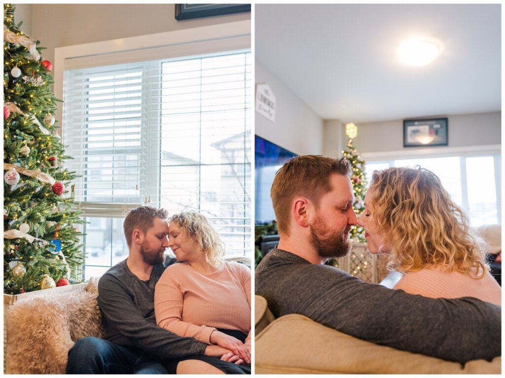 Tyrel & Allison - Winter 2022 - 06 - Couple sitting on the couch near the Christmas tree