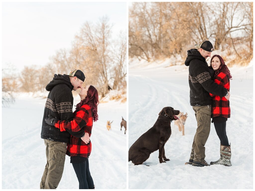 Brett & Brittany - Winter 2023 - Lumsden Valley - 05 - Wife wearing buffalo plaid jacket snuggles up to husband