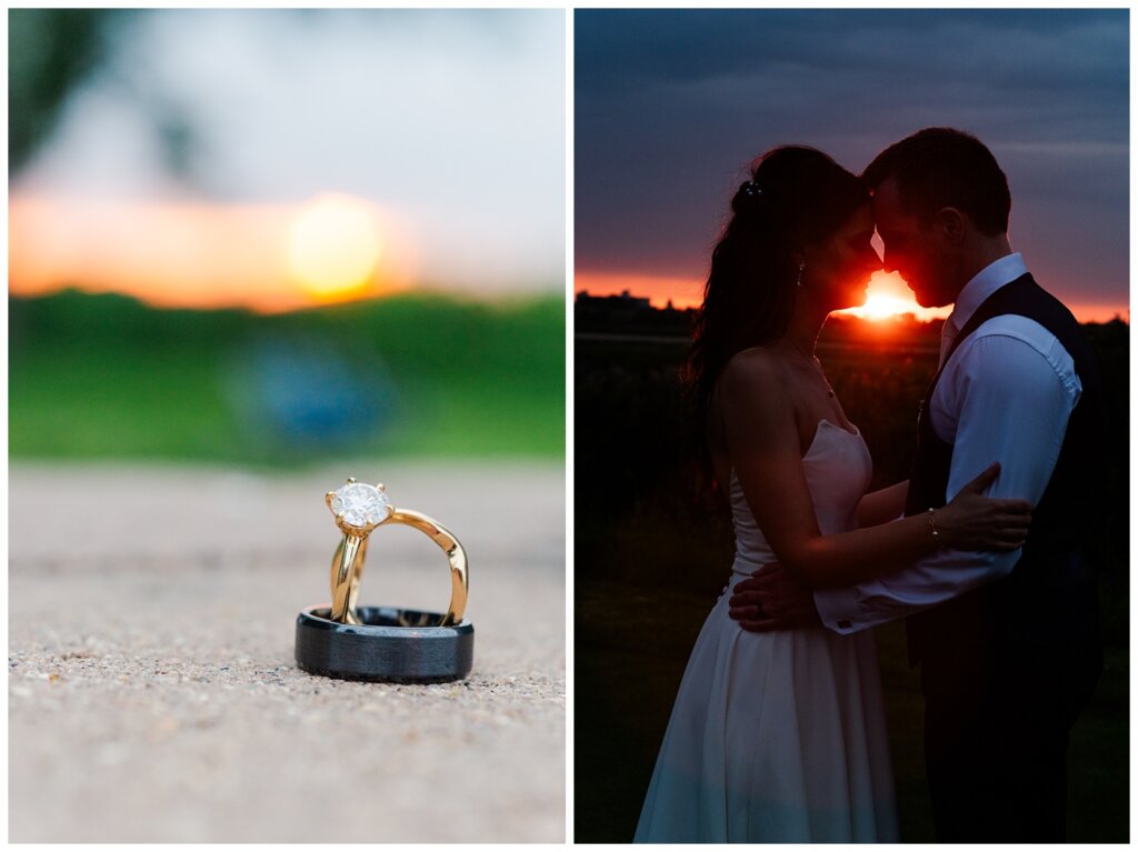 Bill & Lindsay Wedding - 35 - Bride & Groom's rings and sunset portraits at Wascana Country Club