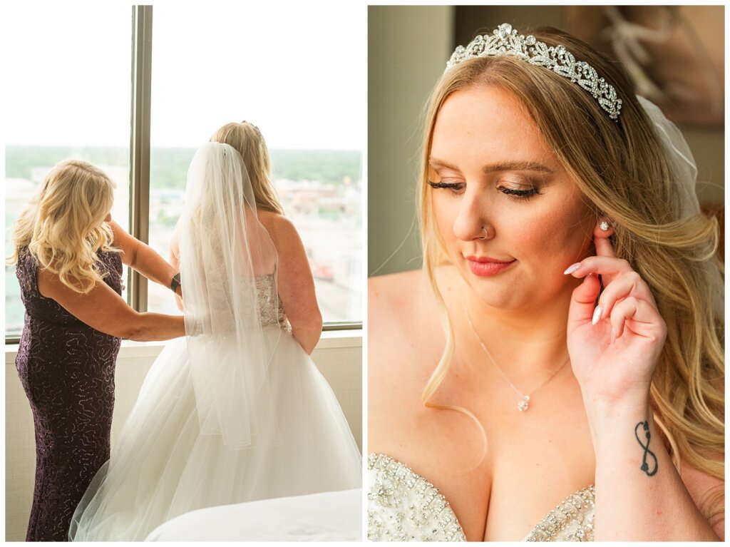 Brett & Rachelle - Delta Regina Wedding - 05 - Mother doing up wedding dress and Bride putting in ear rings