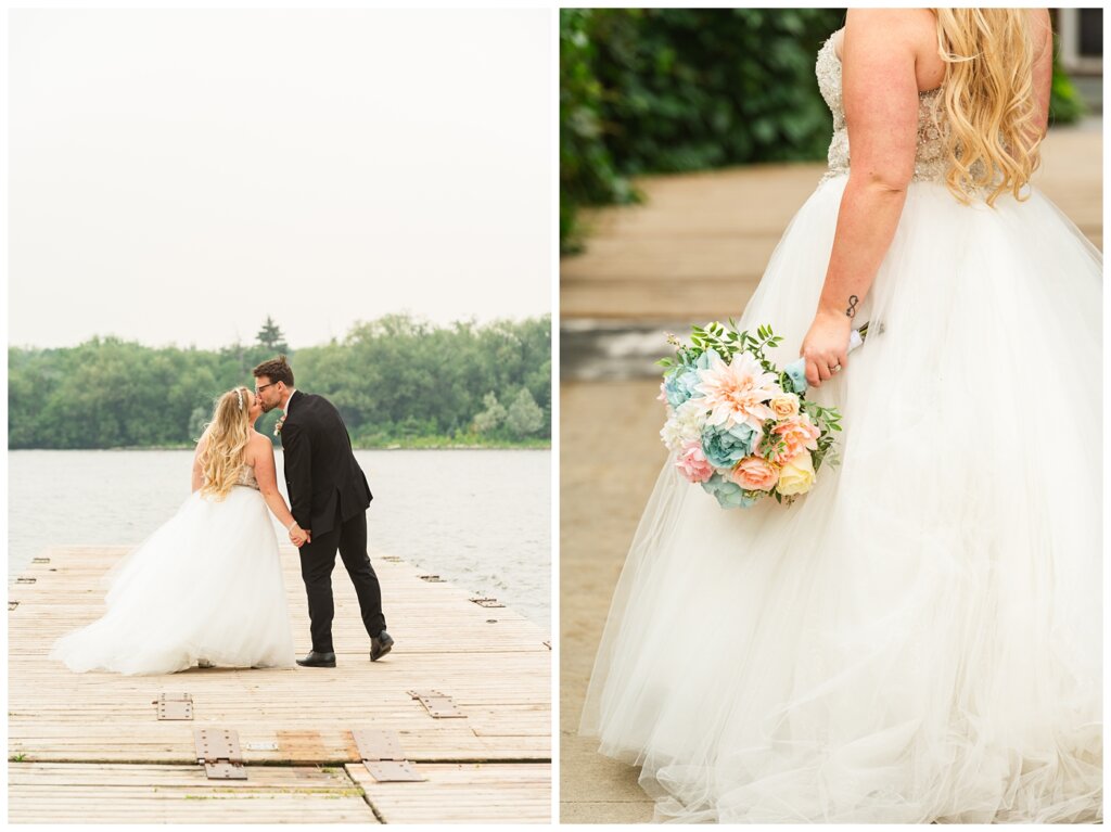 Brett & Rachelle - Delta Regina Wedding - 14 - Bride and groom on dock and bride with DIY bouquet