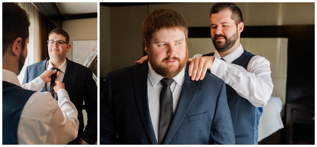 Jared & Haley - 02 - Groom helping groomsmen to get ready