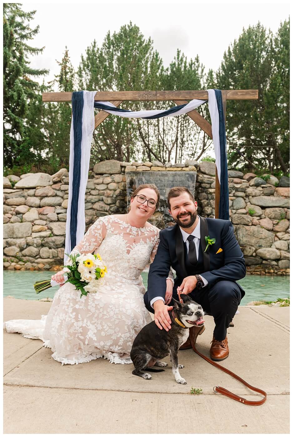 Jared & Haley - 16 - Bride and Groom with dog Gracie at Kiwanis Waterfall Park