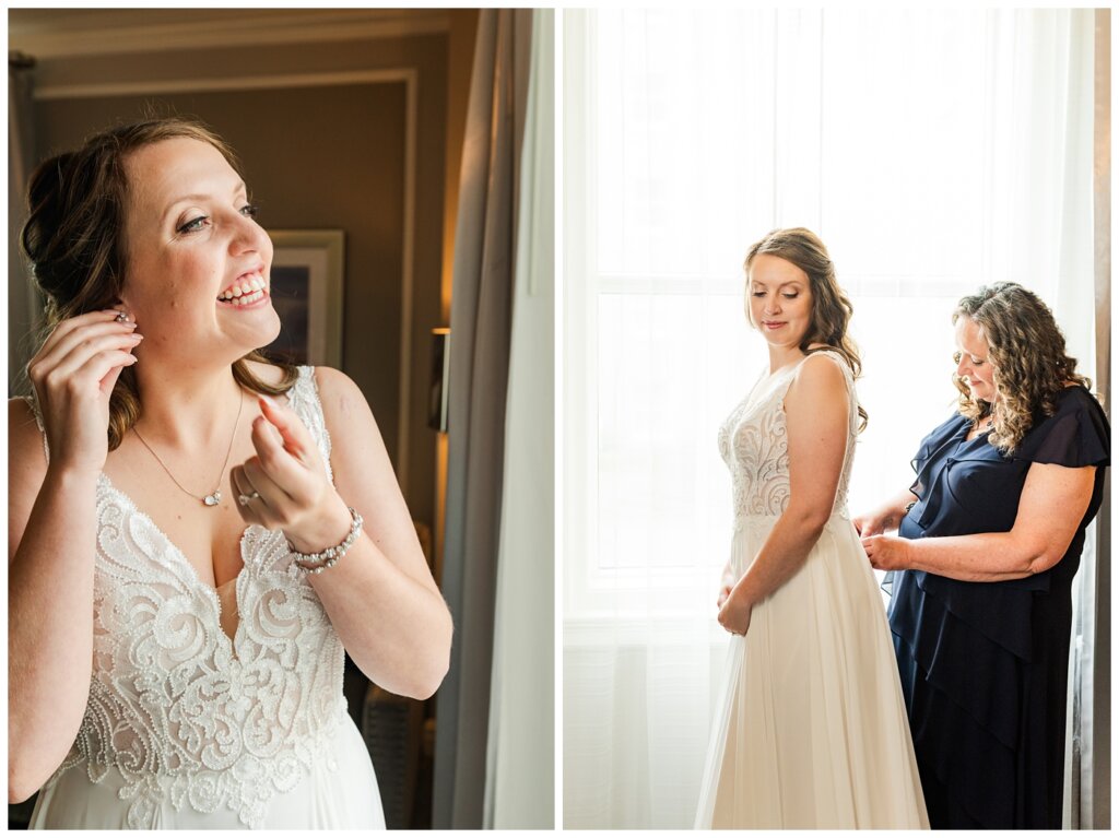 Ryan & Melissa - Hotel Sask Wedding - 04 - Bride's mother doing up wedding dress