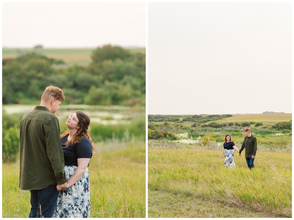 Kenny-Marrick-Engagement-Our-Lady-of-Lourdes-Shrine-11-Couple-walk-holding-hands-in-tall-grass