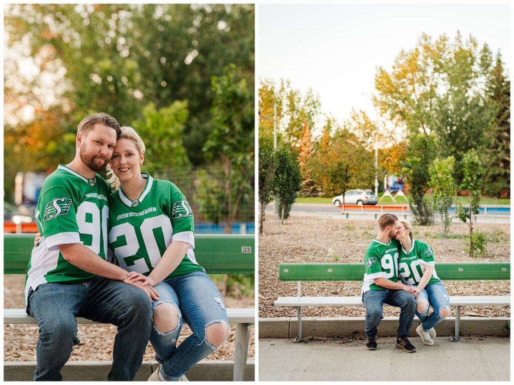 Lindskog Family - Mosaic Stadium - 10 - Couple kisses on bench