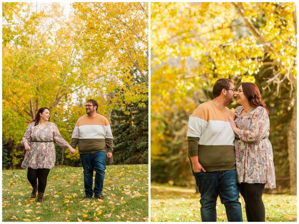 Darren & Amber Engagement - Parkridge Park - 01 - Couple walks in the yellow leaves