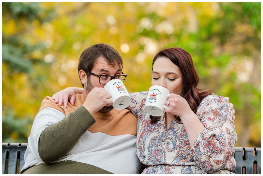 Darren & Amber Engagement - Parkridge Park - 13 - Couple drinks coffee on park bench