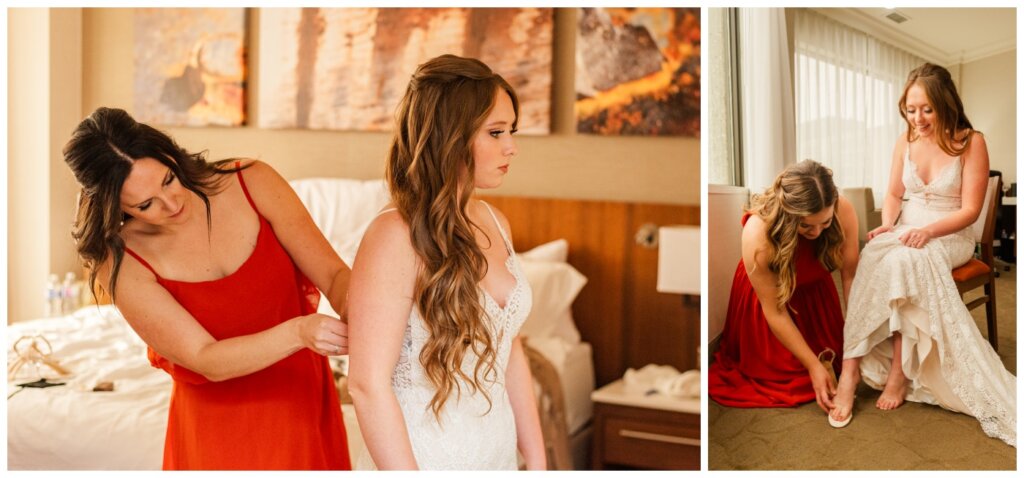 Spencer & Taylor Wedding - 06 - Delta Hotel - Bride getting into dress