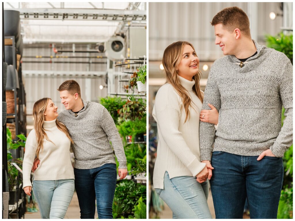Michael & Briana - Engagement Session - 14 - Dutch Growers - Couple walking through the plants at Dutch Growers