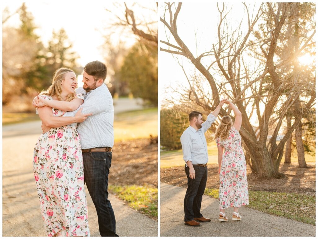 Darcy & Maddie - Regina Engagement - AE Wilson Park - 004 - Couple dancing on the path in the park