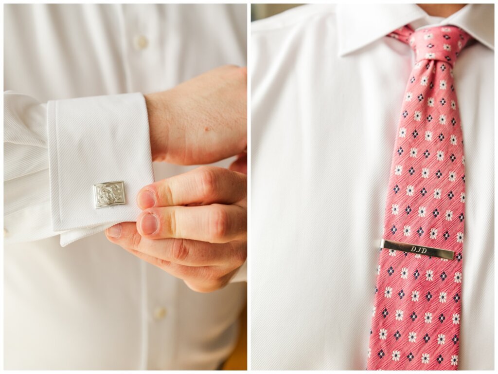 Darcy & Maddie - Regina Summer Wedding - 002 - Groom wears pink spotted tie