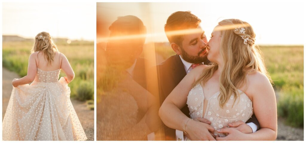 Darcy & Maddie - Regina Summer Wedding - 026 - Bride & Groom smile at sunset