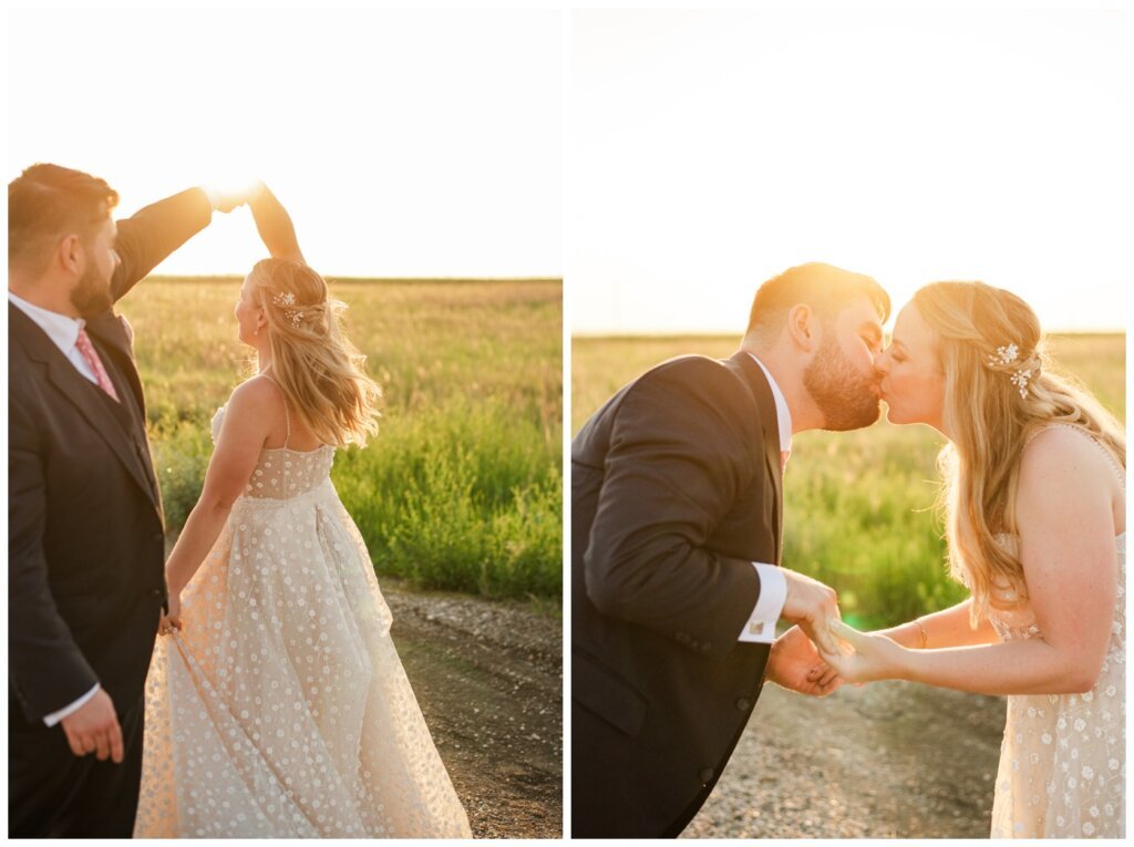 Darcy & Maddie - Regina Summer Wedding - 027 - Groom twirls his Bride at sunset