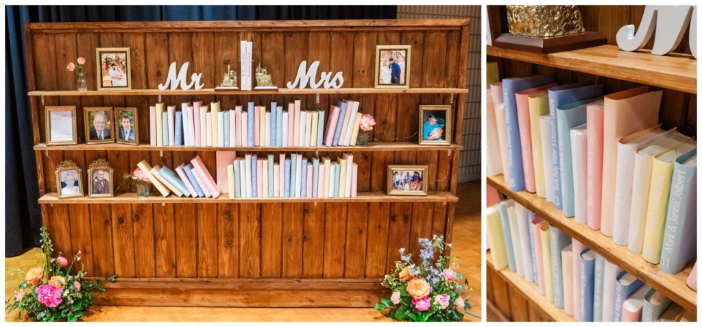 Darcy & Maddie - Regina Summer Wedding - 029 - Turvey Center - Bookcase wedding seating chart