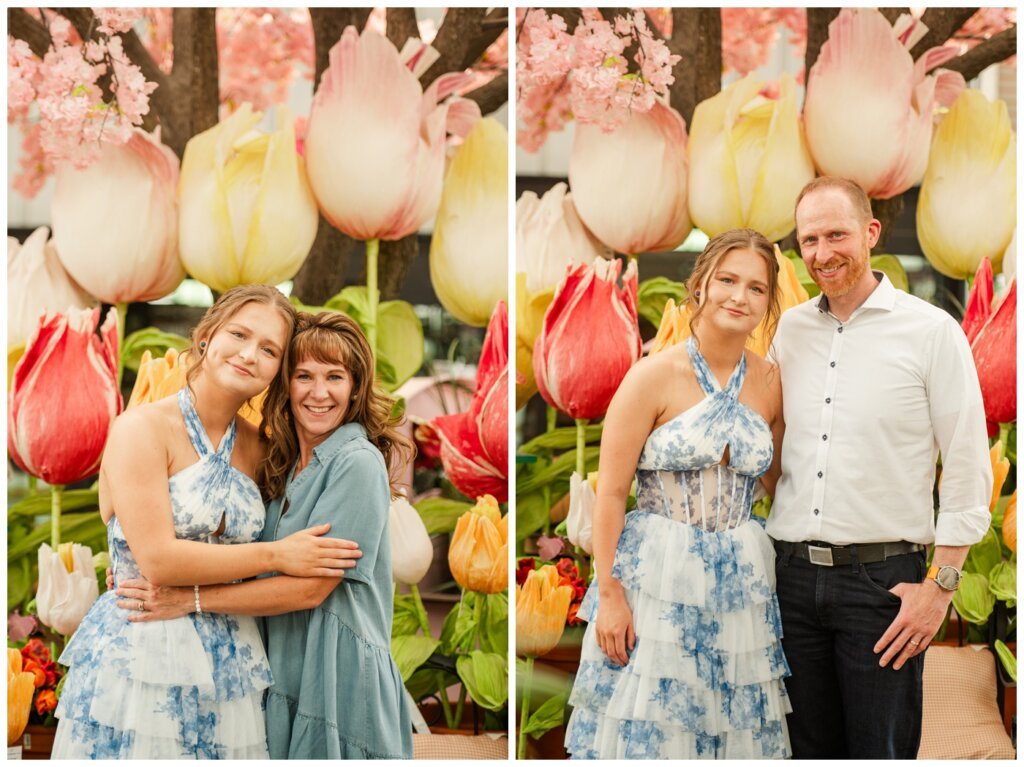 Isabelle Grad 2025 - Dutch Growers Regina - 003 - Grad with parents in front of large flowers