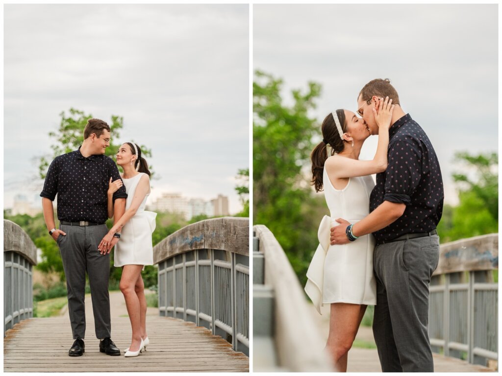 Skylar & Michaela- Regina Engagement - Wascana Park - 008 - Couple kiss on the bridge