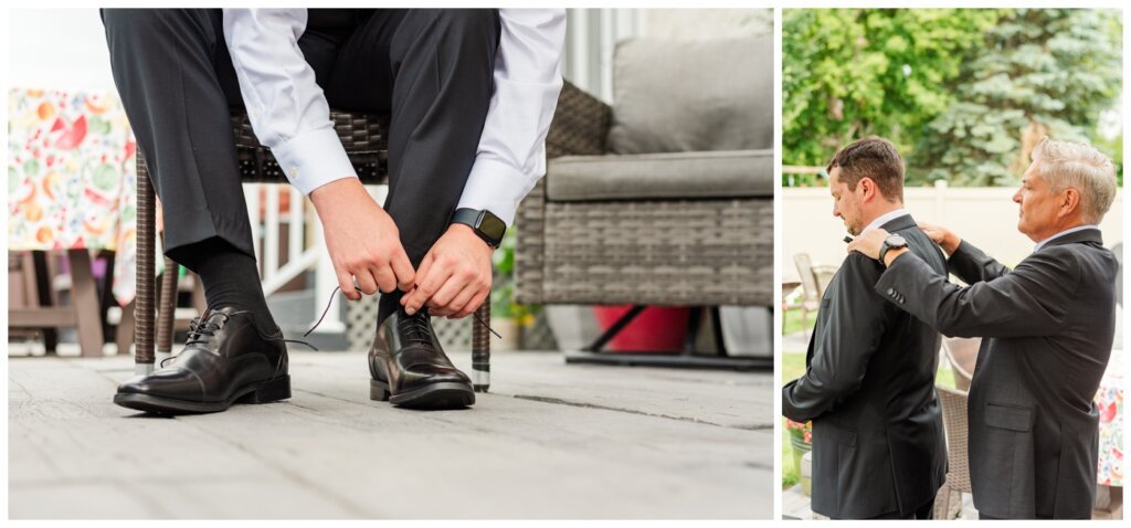 Derek & Danica - Regina Summer Wedding - 002 - Groom puts on black wing tip shoes