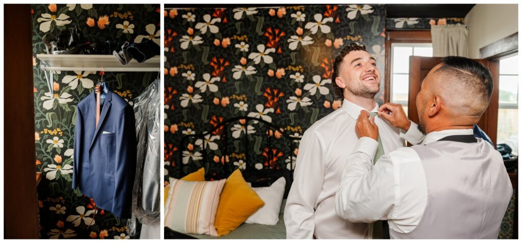 Blayde & Hanna - Regina Wedding Photographer - 003 - Groom preps in his navy blue suit