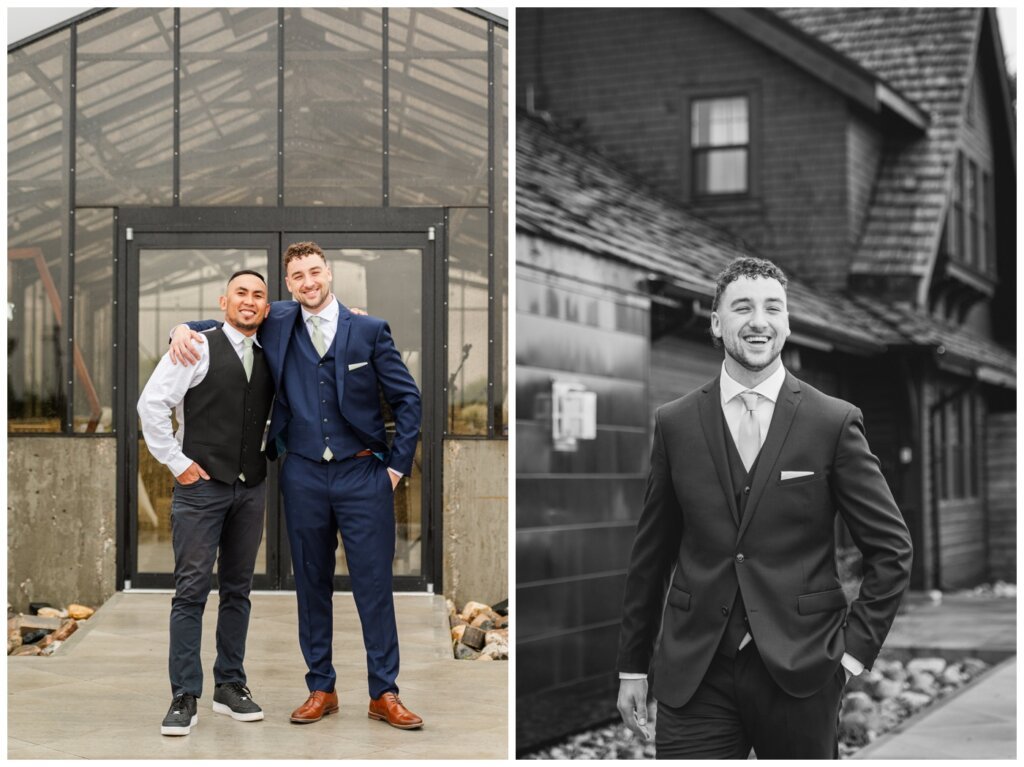 Blayde & Hanna - Regina Wedding Photographer - 005 - Groom and Best Man outside the Station