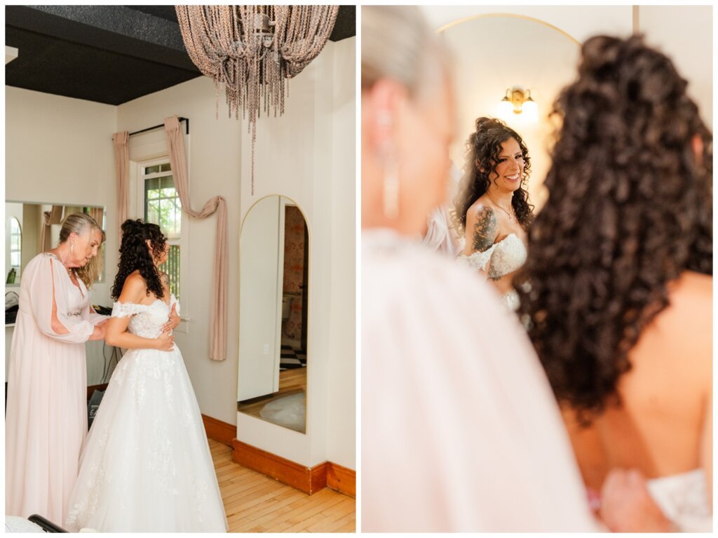 Blayde & Hanna - Regina Wedding Photographer - 009 - Brides mother helps her into her gown