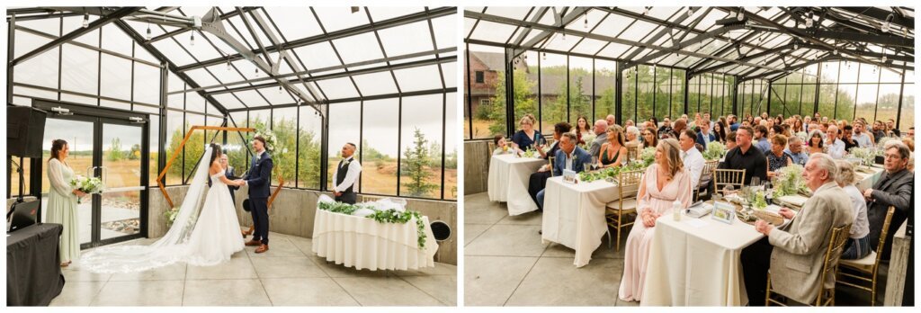 Blayde & Hanna - Regina Wedding Photographer - 015 - Bride and Groom exchange vows in The Station solarium