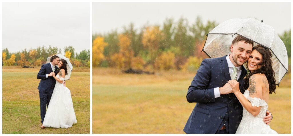 Blayde & Hanna - Regina Wedding Photographer - 018 - Bride and Groom under a clear umbrella in the rain