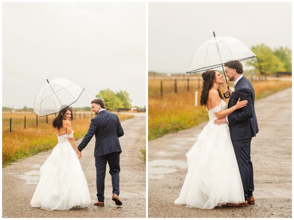 Blayde & Hanna - Regina Wedding Photographer - 020 - Bride looks over her shoulder walking down gravel road