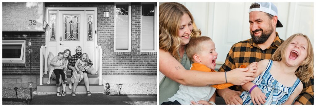 Eyre Family - Regina Family Photography - 002 - Parents tickle their kids on the front step