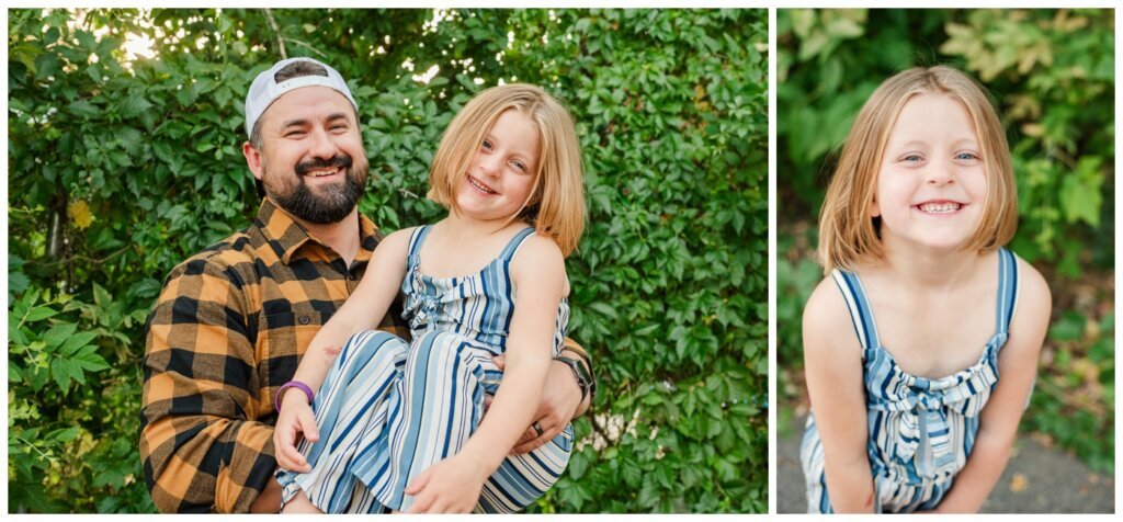 Eyre Family - Regina Family Photography - 005 - Dad lifts his daughter in a striped romper