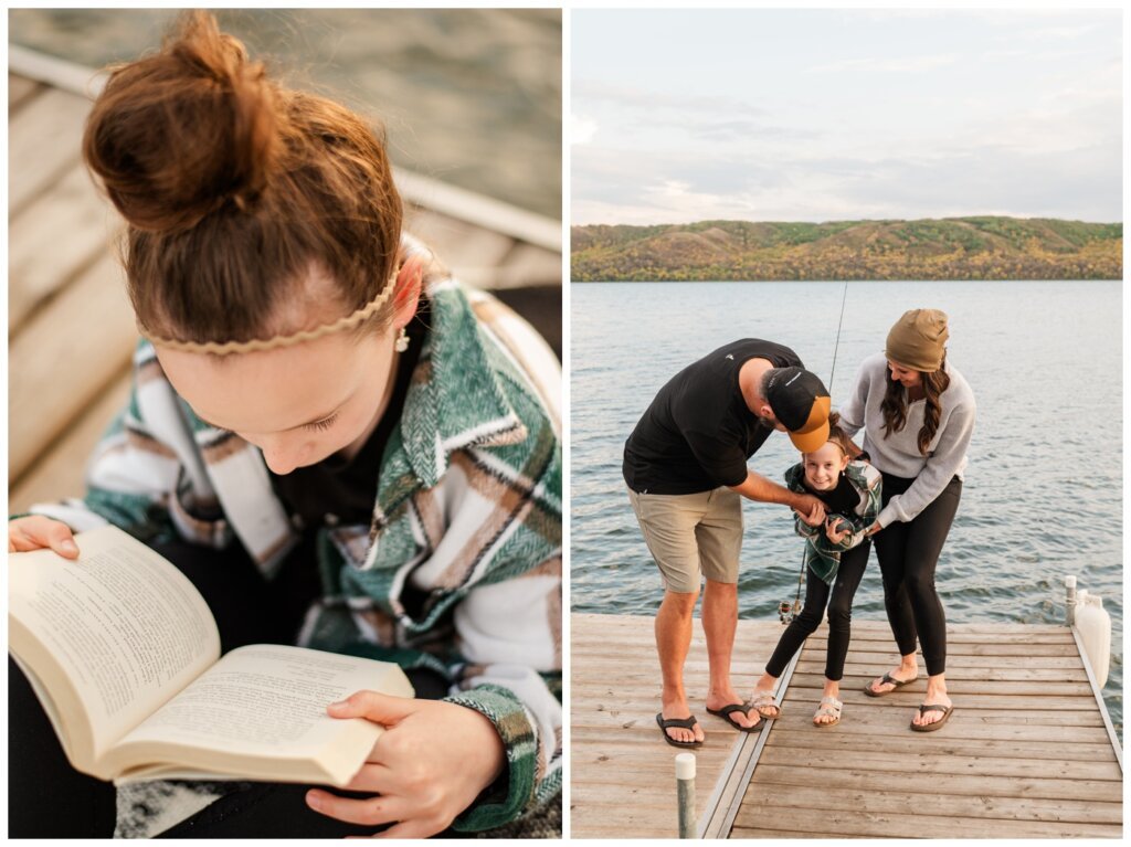Korchinski Family - Qu'Appelle Valley- 002 - Parents tickle daughter in green shacket on dock